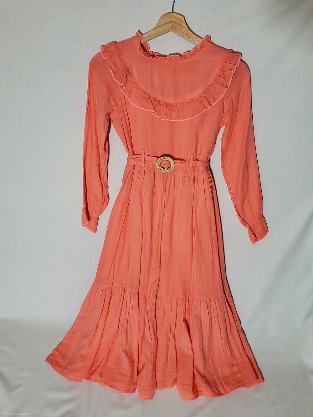Girls 12 Coral Salmon Ruffle Long Sleeve Dress TieBelt Prairiecore Cottage Party